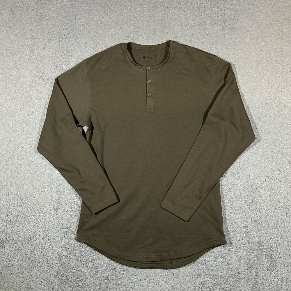 BYLT Premium Basics Drop Cut Henley Shirt Men Small Olive Green Long Sleeve#3904